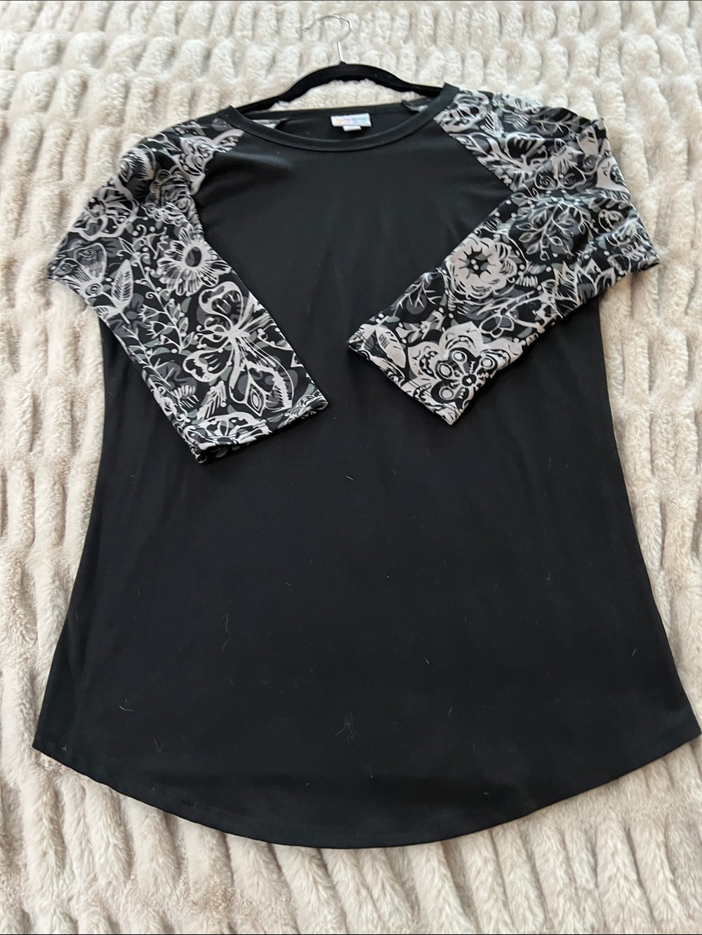 LuLaRoe Black Top with Gray Floral Raglan Sleeves
